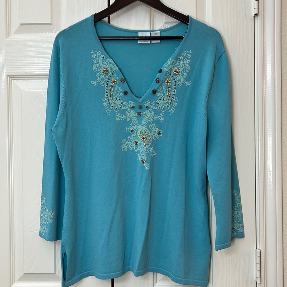Princess Cruises Turquoise V Neck with Beaded Accents 3/4 Sleeve Sweater Sz XL